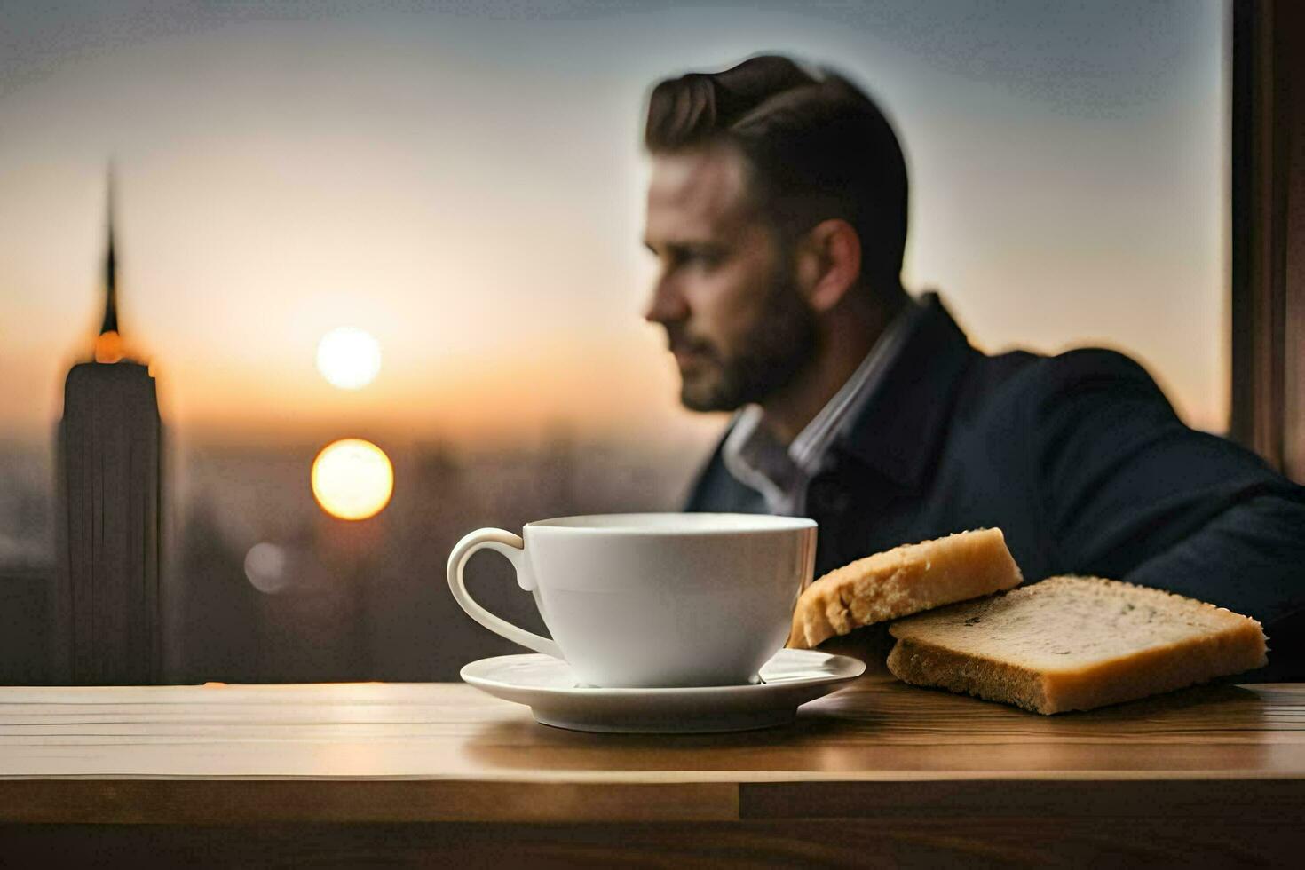 une homme est assis à une table avec une tasse de café et une tranche de pain. généré par ai photo