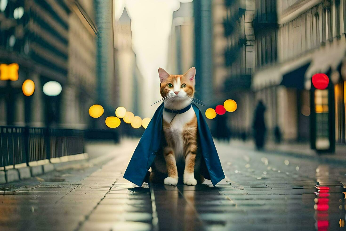 une chat portant une cap sur une ville rue. généré par ai photo