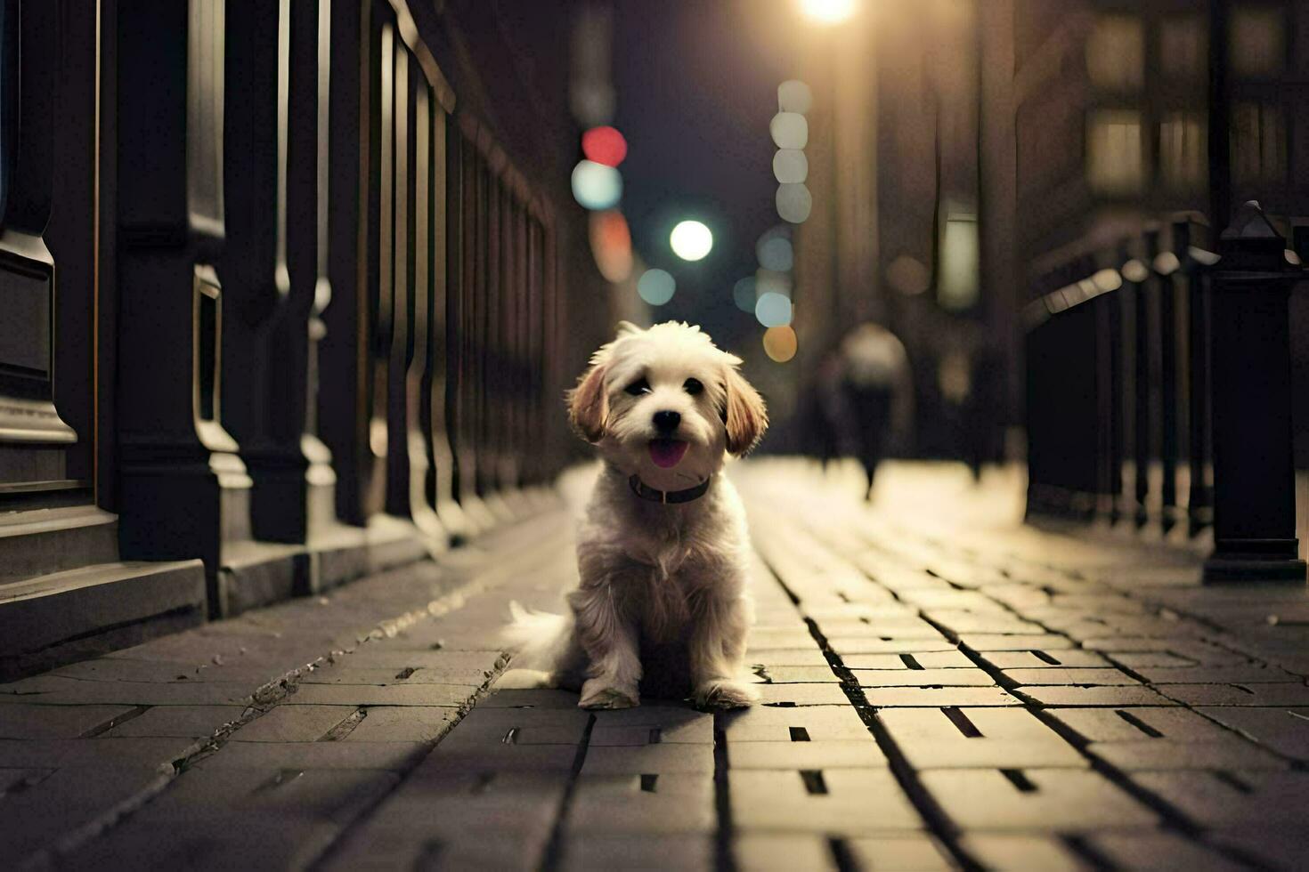 une chien séance sur le trottoir à nuit. généré par ai photo