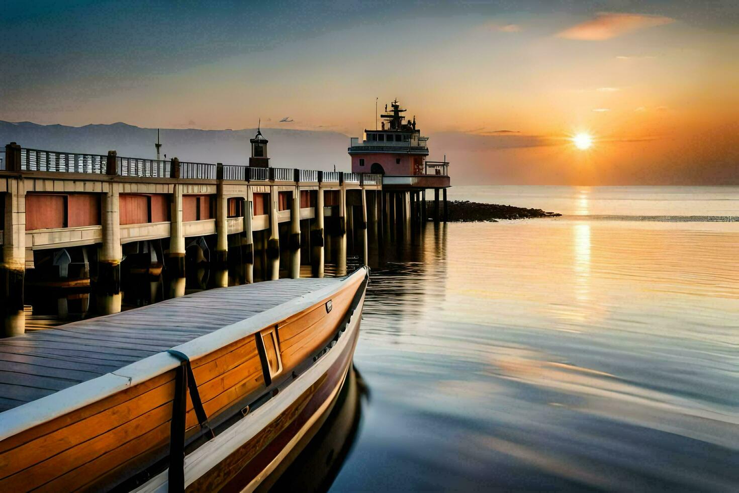 une bateau amarré à le jetée à le coucher du soleil. généré par ai photo