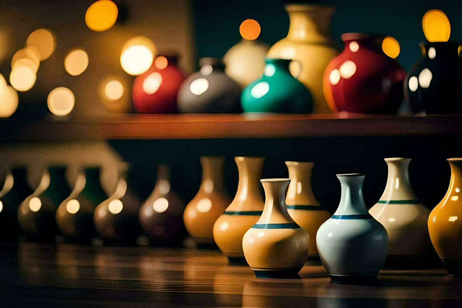 une rangée de des vases sur une étagère avec lumières dans le Contexte. généré par ai photo