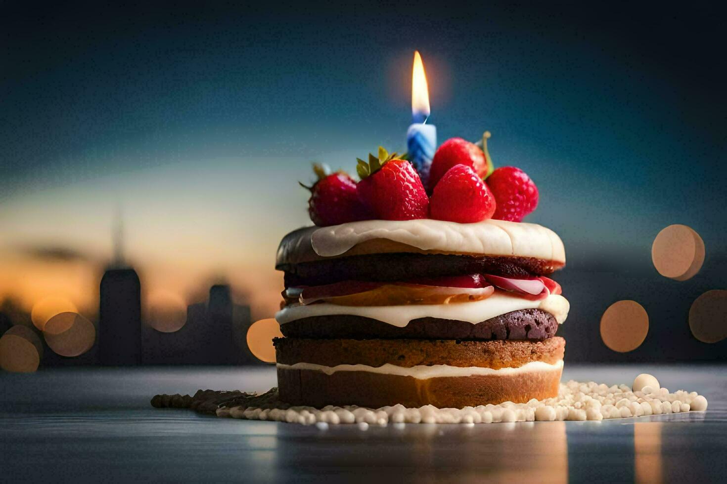 une anniversaire gâteau avec une Célibataire bougie. généré par ai photo