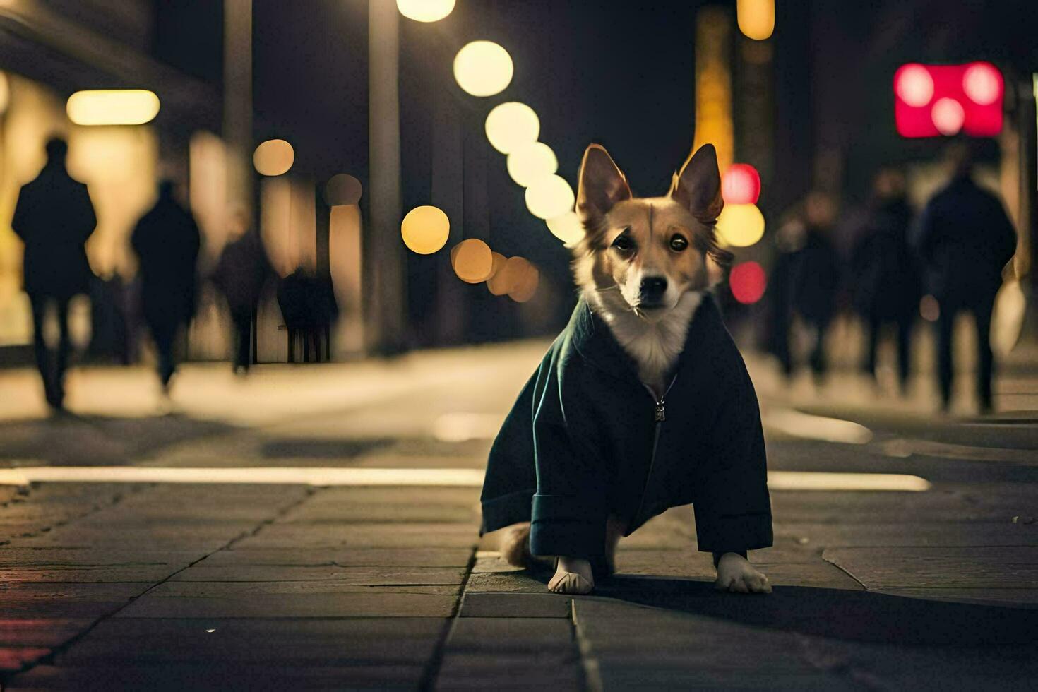 une chien dans une manteau permanent sur une rue à nuit. généré par ai photo