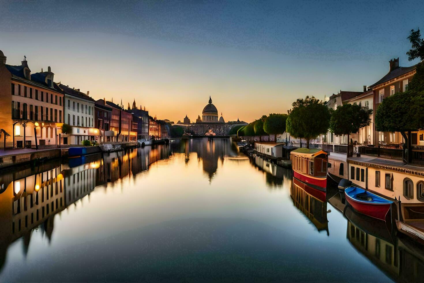 une canal avec bateaux et bâtiments à le coucher du soleil. généré par ai photo