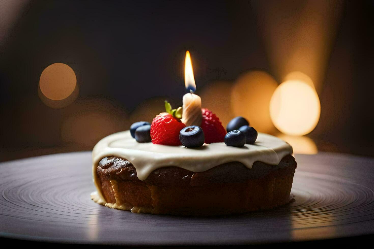 une petit gâteau avec une bougie sur Haut. généré par ai photo