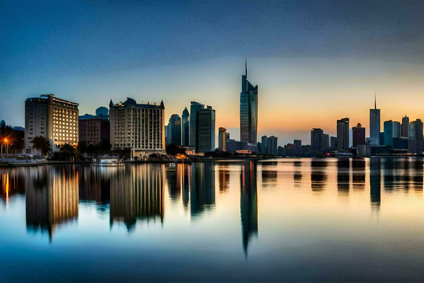 le ville horizon est réfléchi dans le l'eau à le coucher du soleil. généré par ai photo