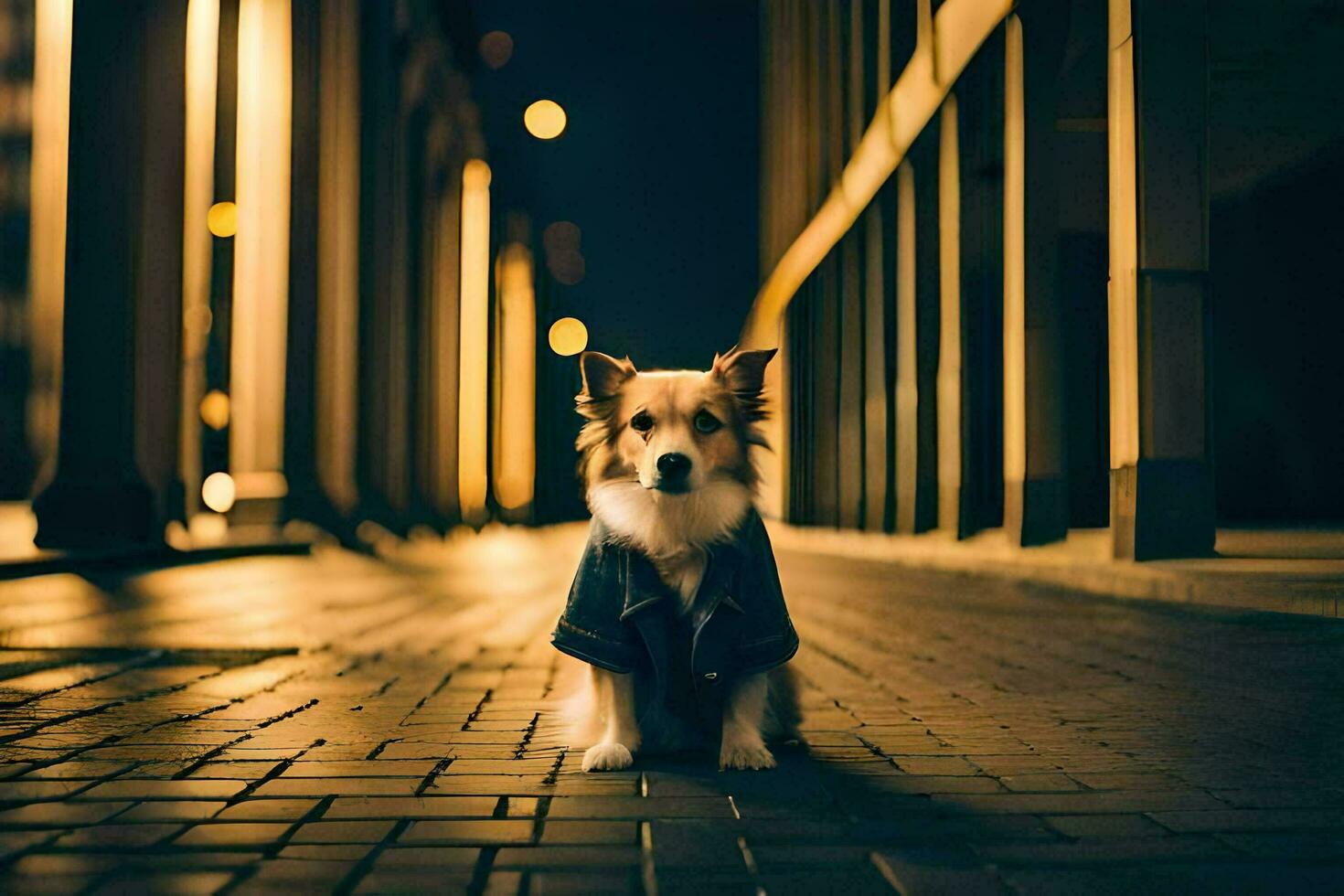 une chien séance sur le rue à nuit. généré par ai photo