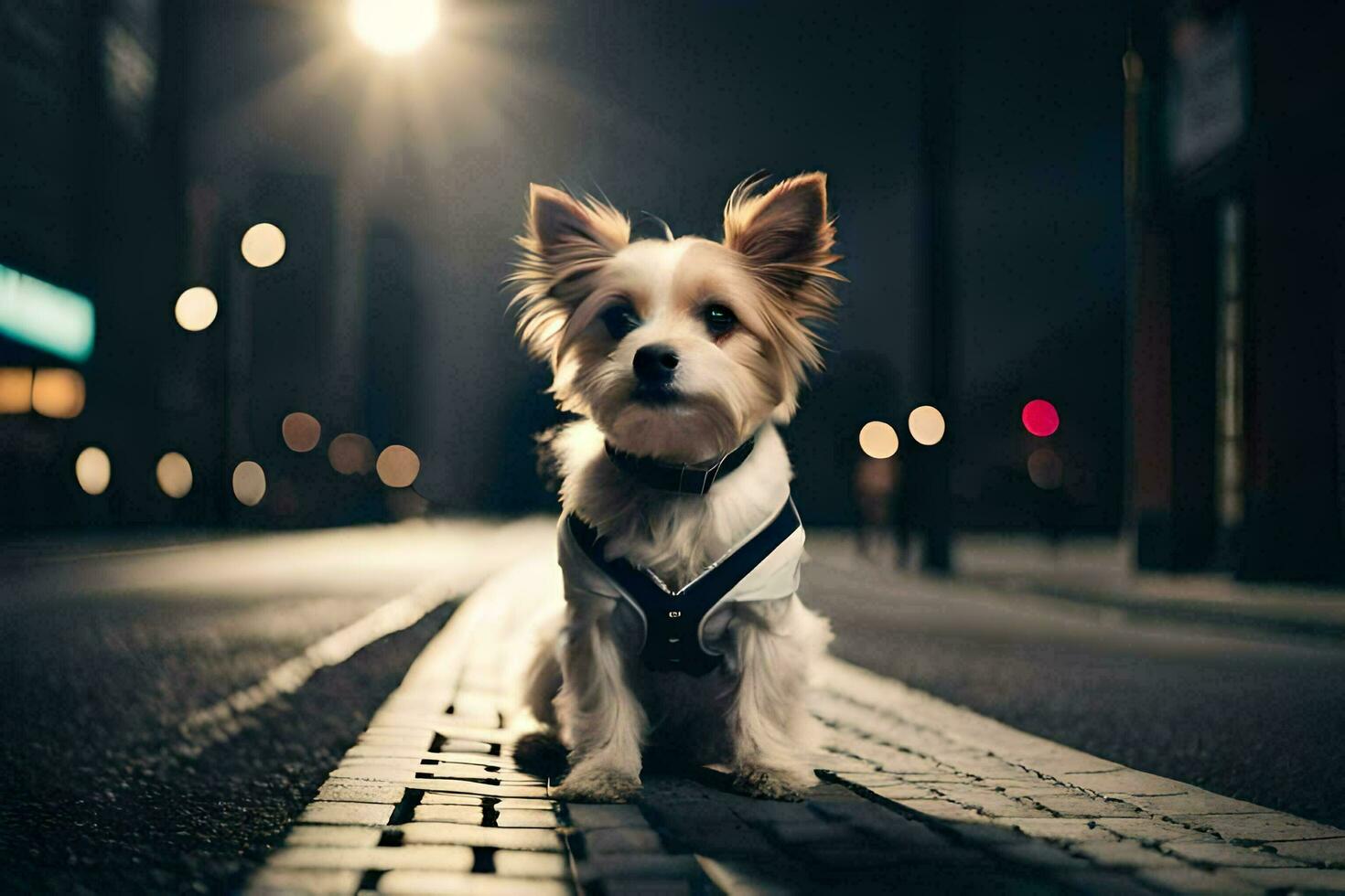 une petit chien séance sur le rue à nuit. généré par ai photo