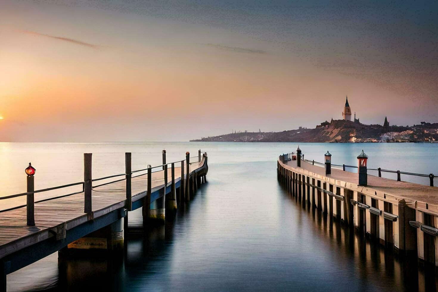 une jetée avec une église dans le Contexte à le coucher du soleil. généré par ai photo