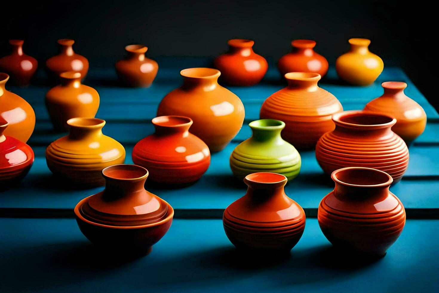 une collection de coloré des vases sur une bleu tableau. généré par ai photo