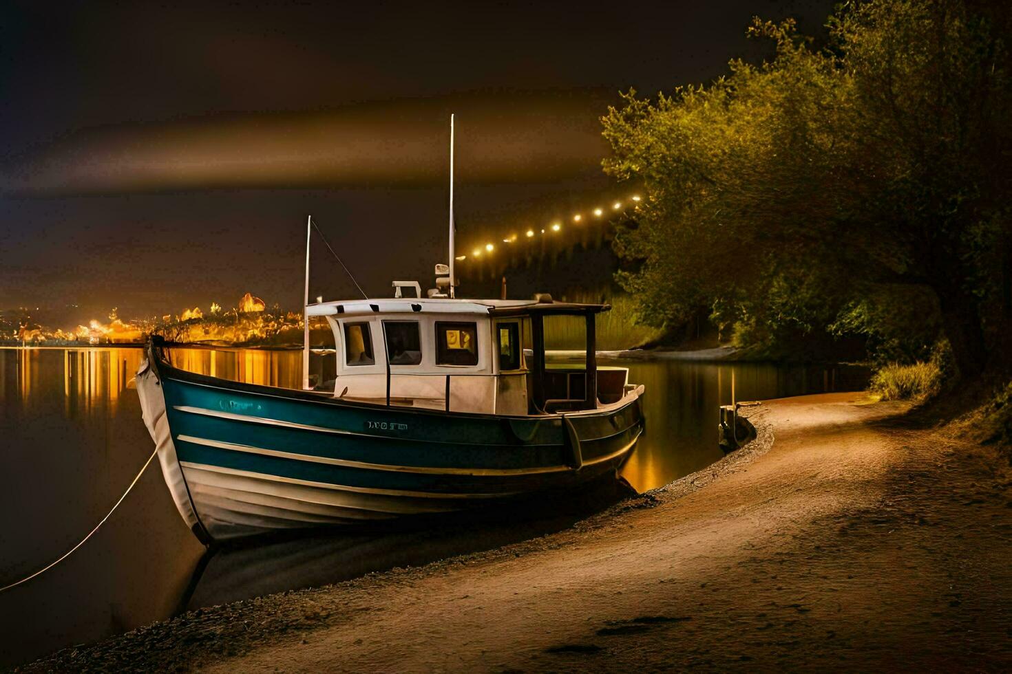 une bateau est assis sur le rive à nuit. généré par ai photo