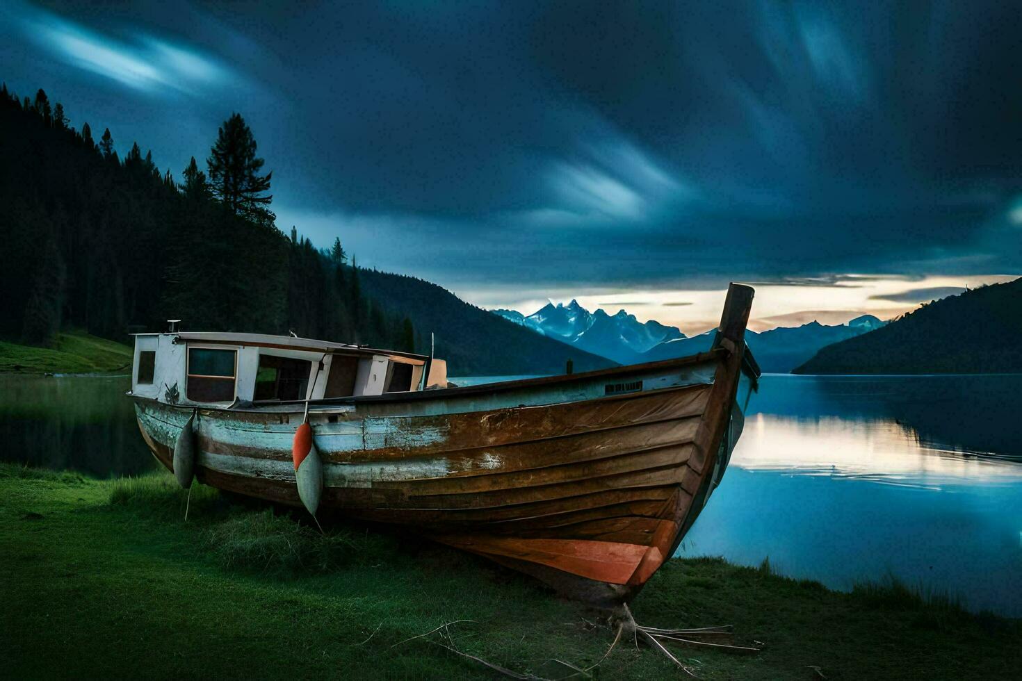 une bateau est assis sur le rive de une Lac à nuit. généré par ai photo