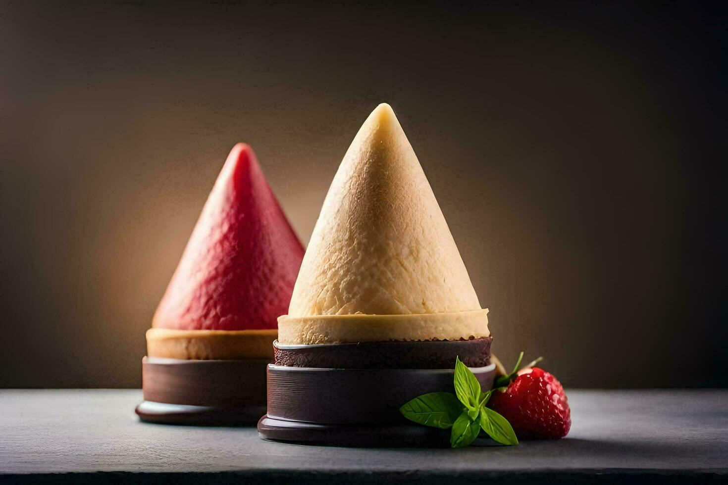 deux la glace crème cônes avec des fraises sur Haut. généré par ai photo