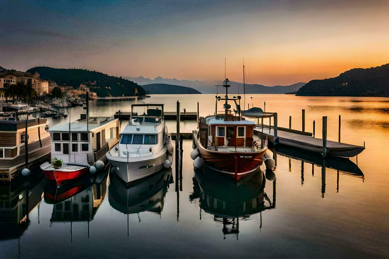 bateaux amarré à le Dock à le coucher du soleil. généré par ai photo