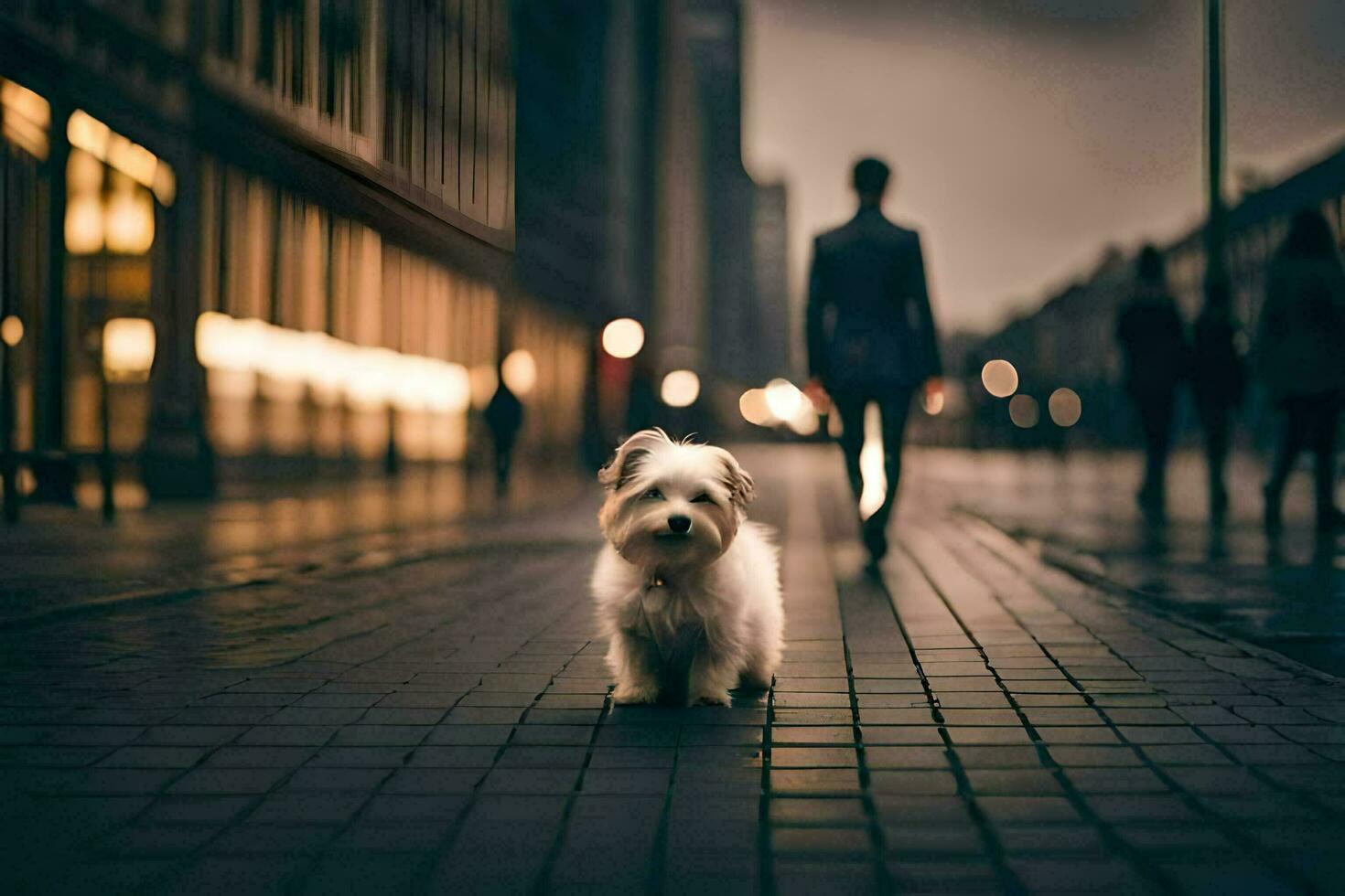 une petit blanc chien est en marchant vers le bas une ville rue. généré par ai photo