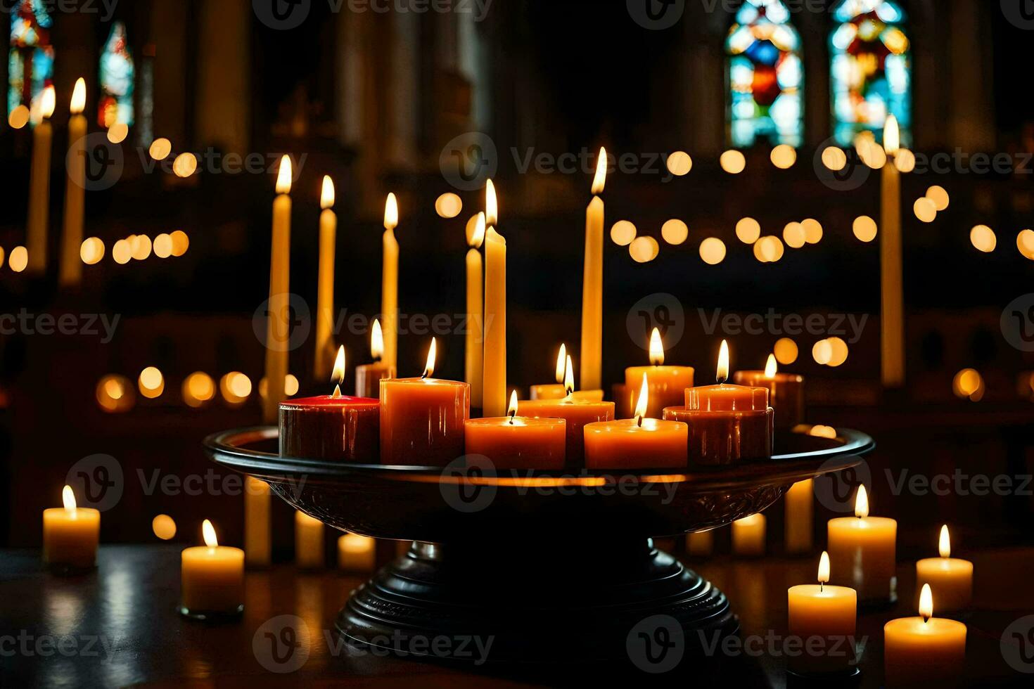 bougies sont allumé dans une église avec bougies. généré par ai photo