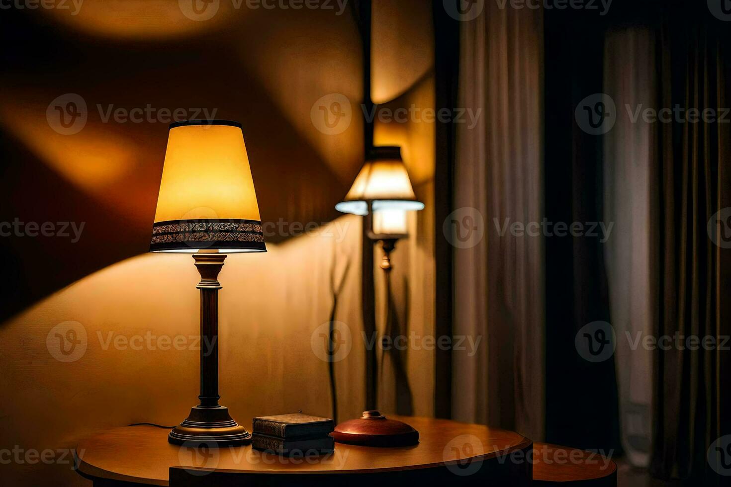 une table avec une lampe sur il dans une foncé chambre. généré par ai photo