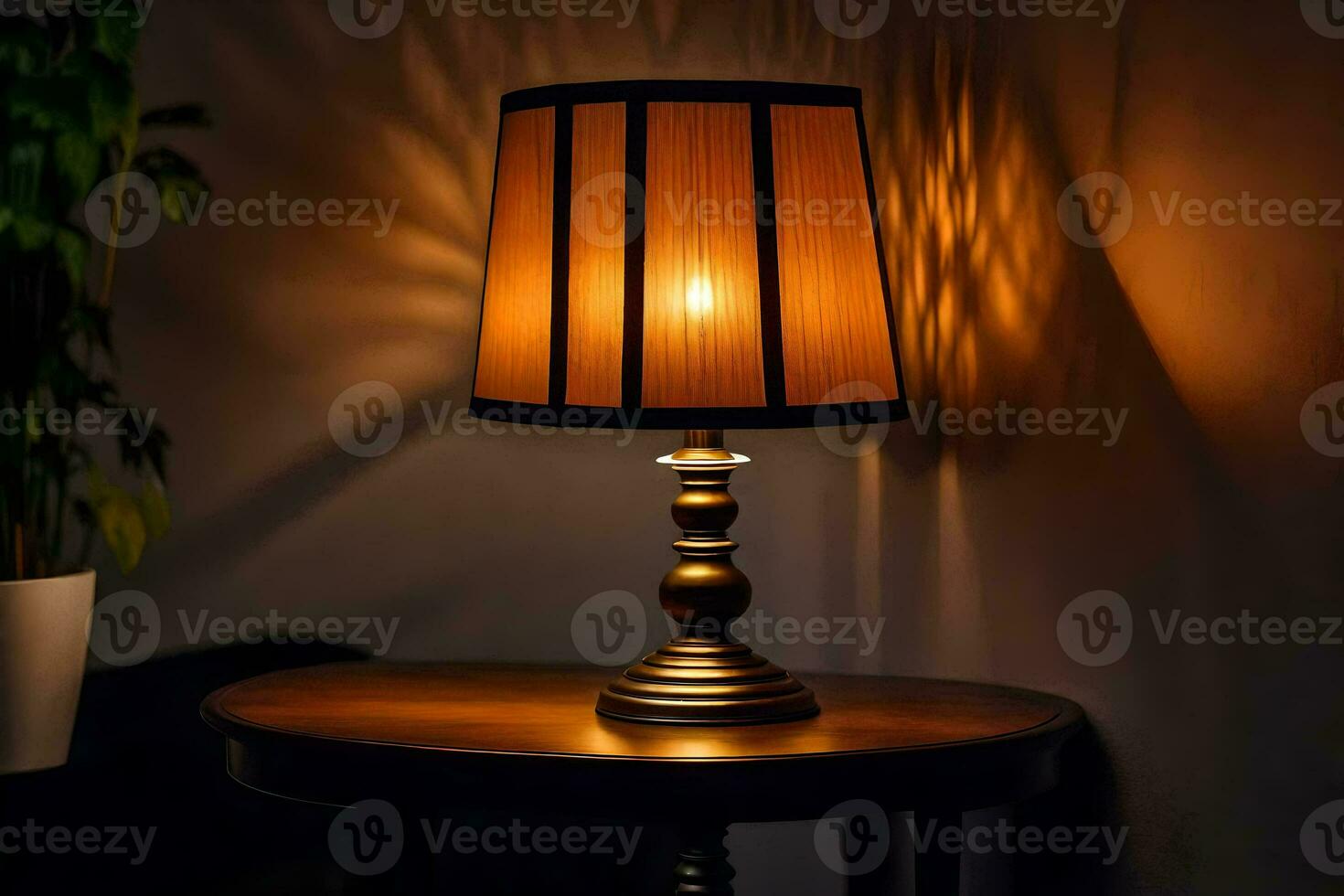 une lampe sur une table dans le sombre. généré par ai photo