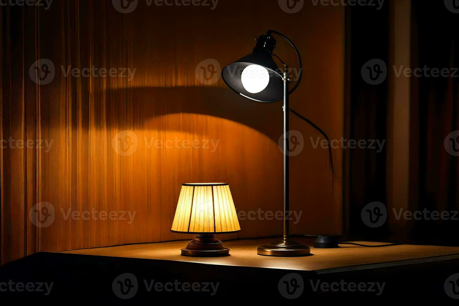 une lampe et une lampe sur une tableau. généré par ai photo