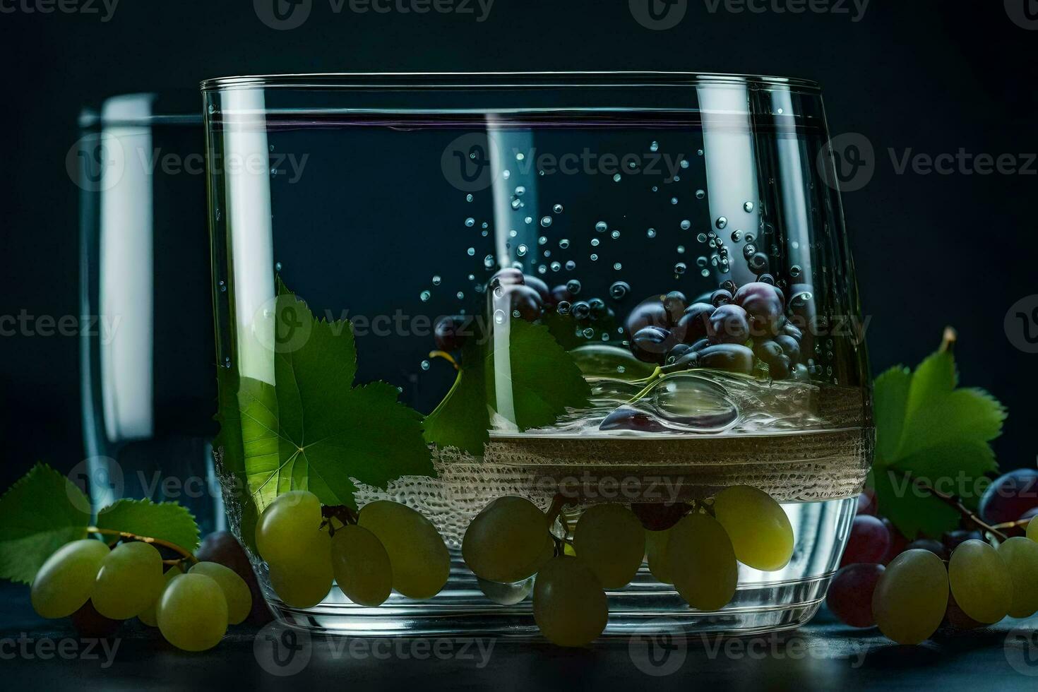 une verre avec les raisins et l'eau sur une foncé Contexte. généré par ai photo