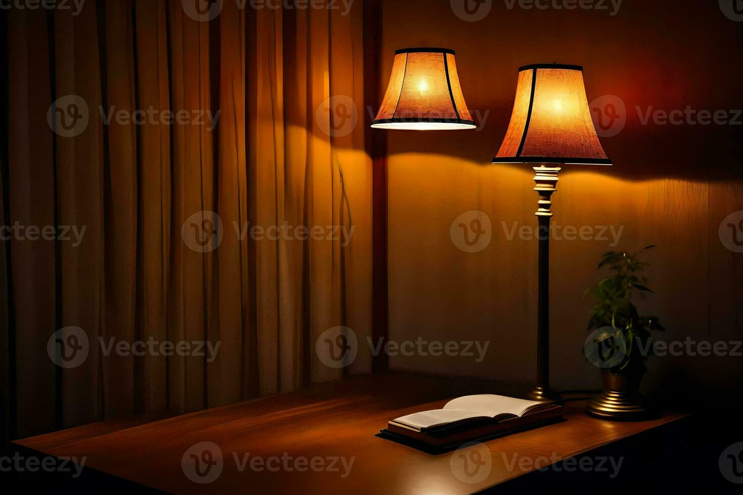une lampe et livre sur une table dans une foncé chambre. généré par ai photo