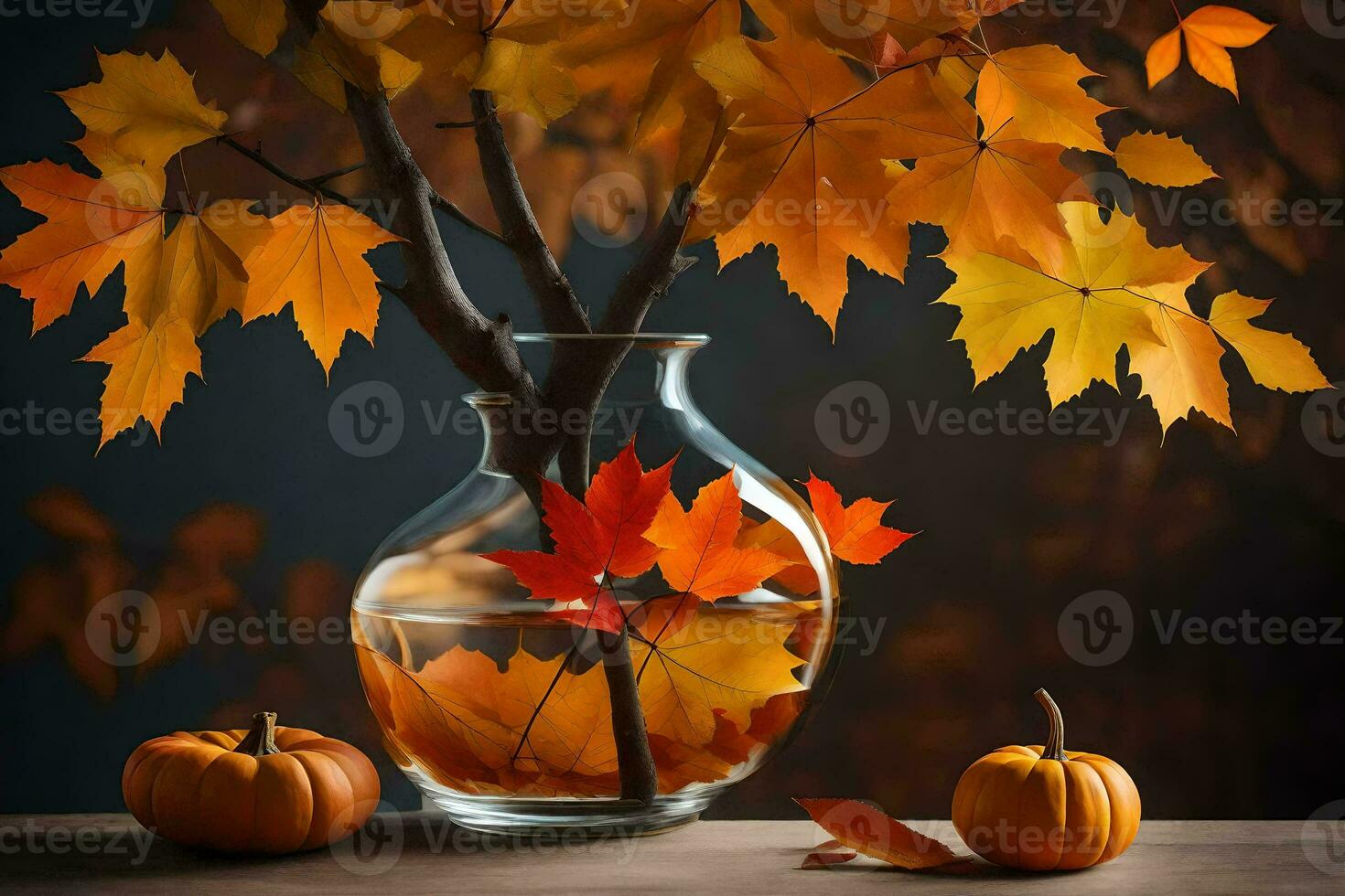 l'automne feuilles dans une vase avec citrouilles. généré par ai photo