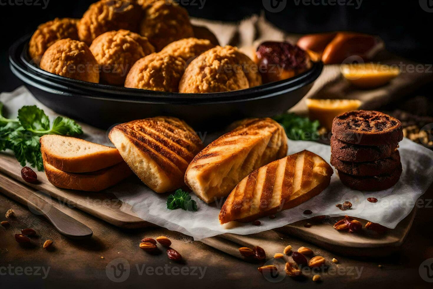 une variété de pains et des pâtisseries sont arrangé sur une table