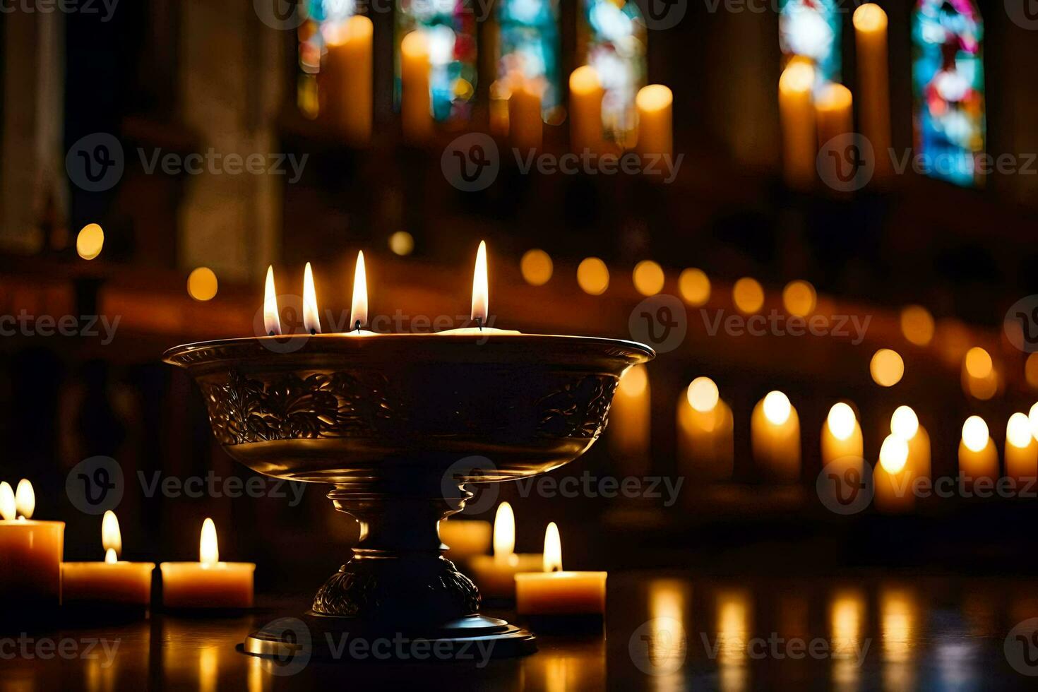 bougies sont allumé dans une église avec bougies. généré par ai photo