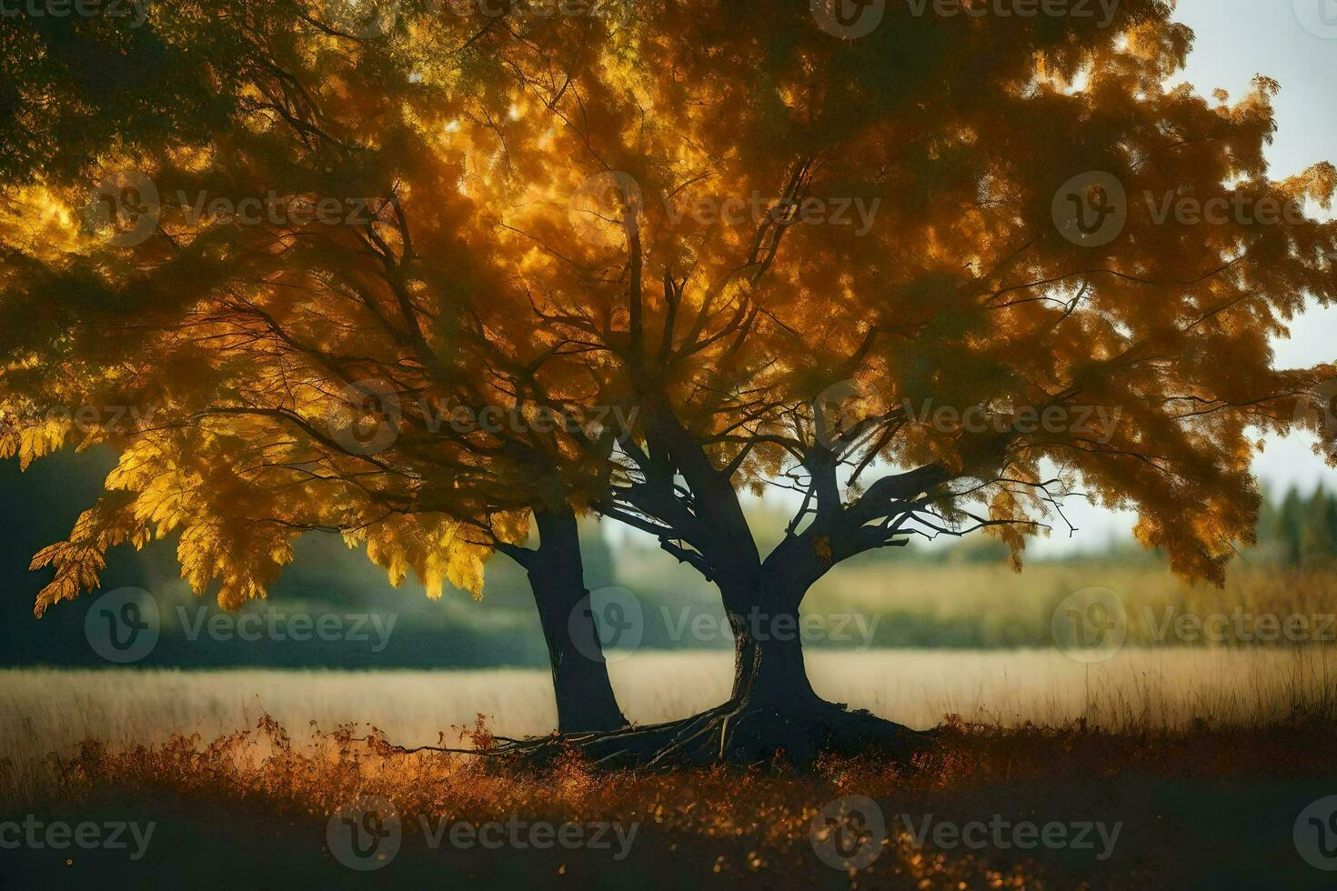 deux des arbres dans le milieu de un l'automne champ. généré par ai photo