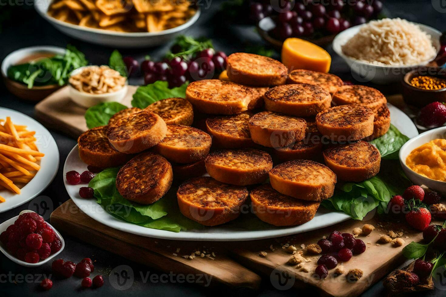 une assiette de nourriture avec pain, fromage et autre ingrédients. généré par ai photo