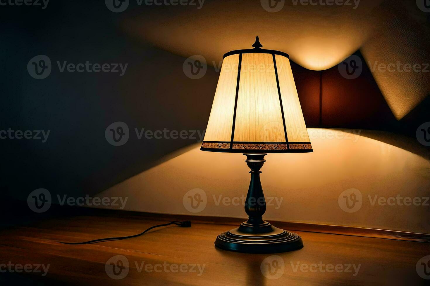 une lampe sur une table dans le sombre. généré par ai photo