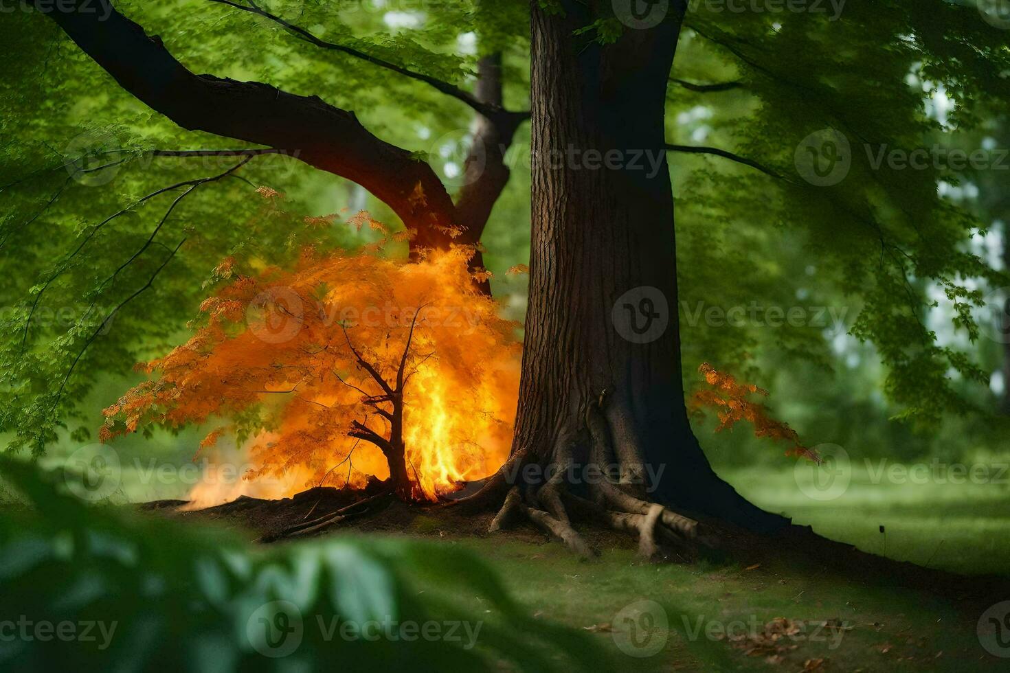 une arbre est brûlant dans le forêt. généré par ai photo