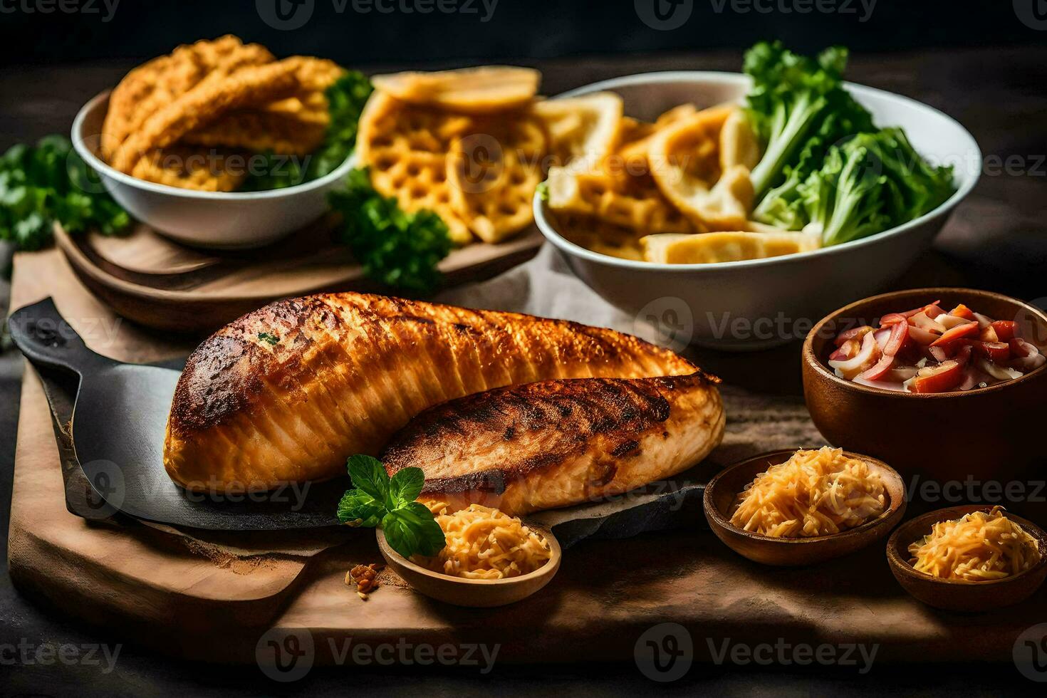 grillé poulet, patates et autre nourriture sur une Coupe planche. généré par ai photo