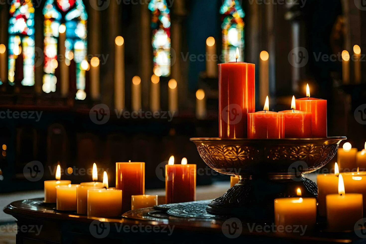 bougies sont allumé dans une église avec coloré verre les fenêtres. généré par ai photo