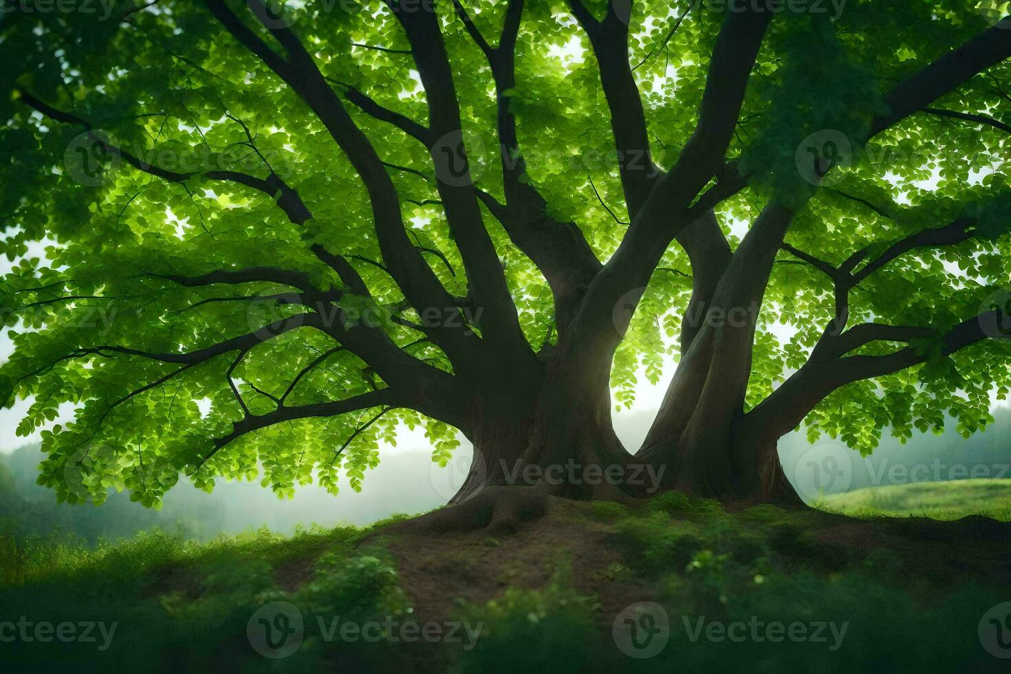 une grand arbre est permanent dans le milieu de une champ. généré par ai photo