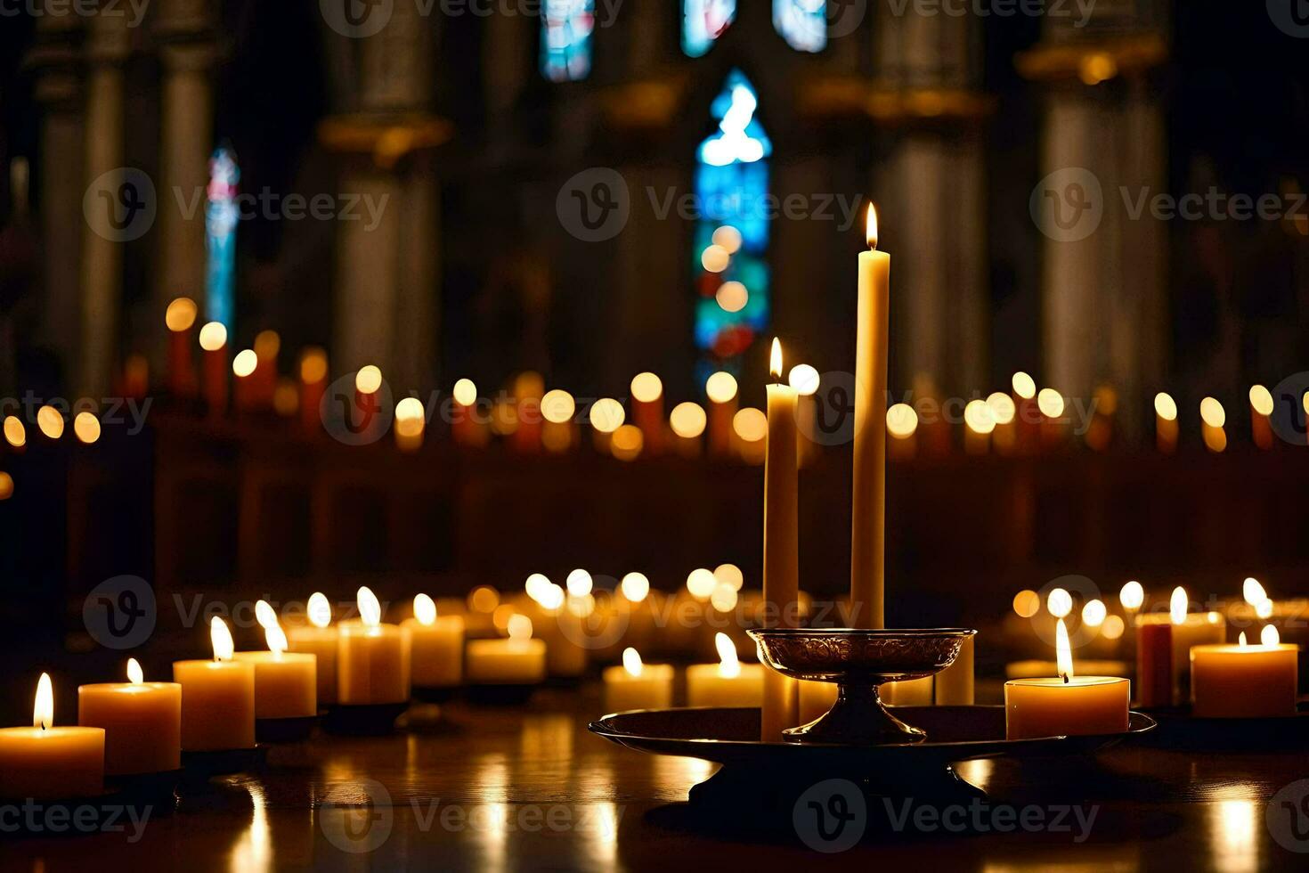 bougies sont allumé dans une église avec bougies. généré par ai photo