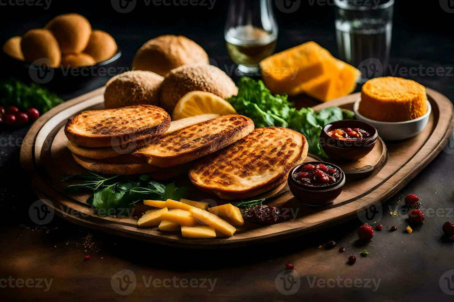 une en bois plat avec fromage, pain et autre nourriture. généré par ai photo