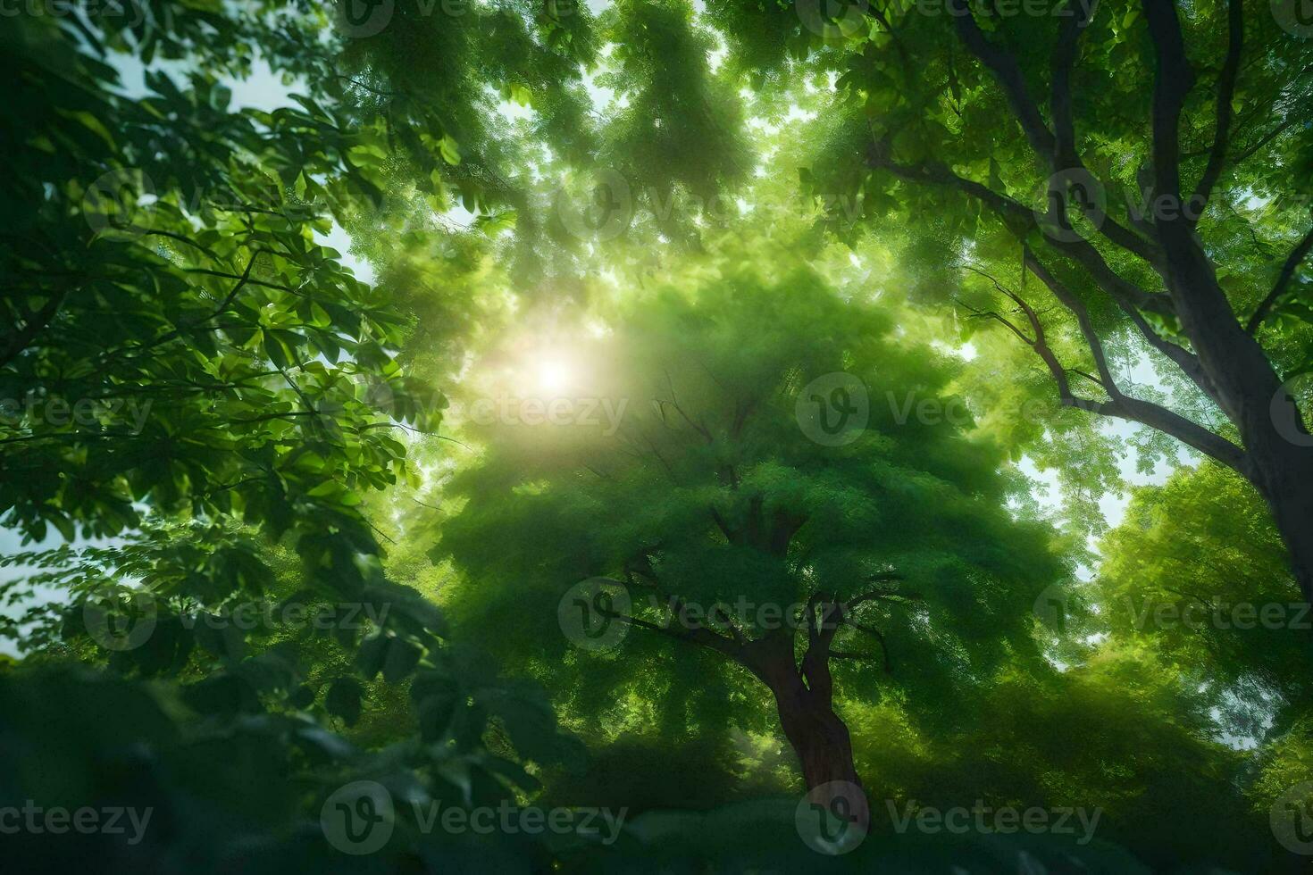 le Soleil brille par le des arbres dans une forêt. généré par ai photo