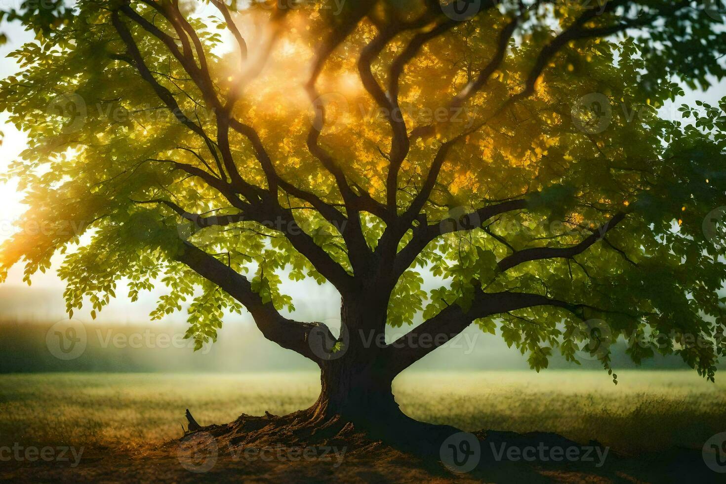 une arbre dans le Soleil avec le Soleil brillant par il. généré par ai photo