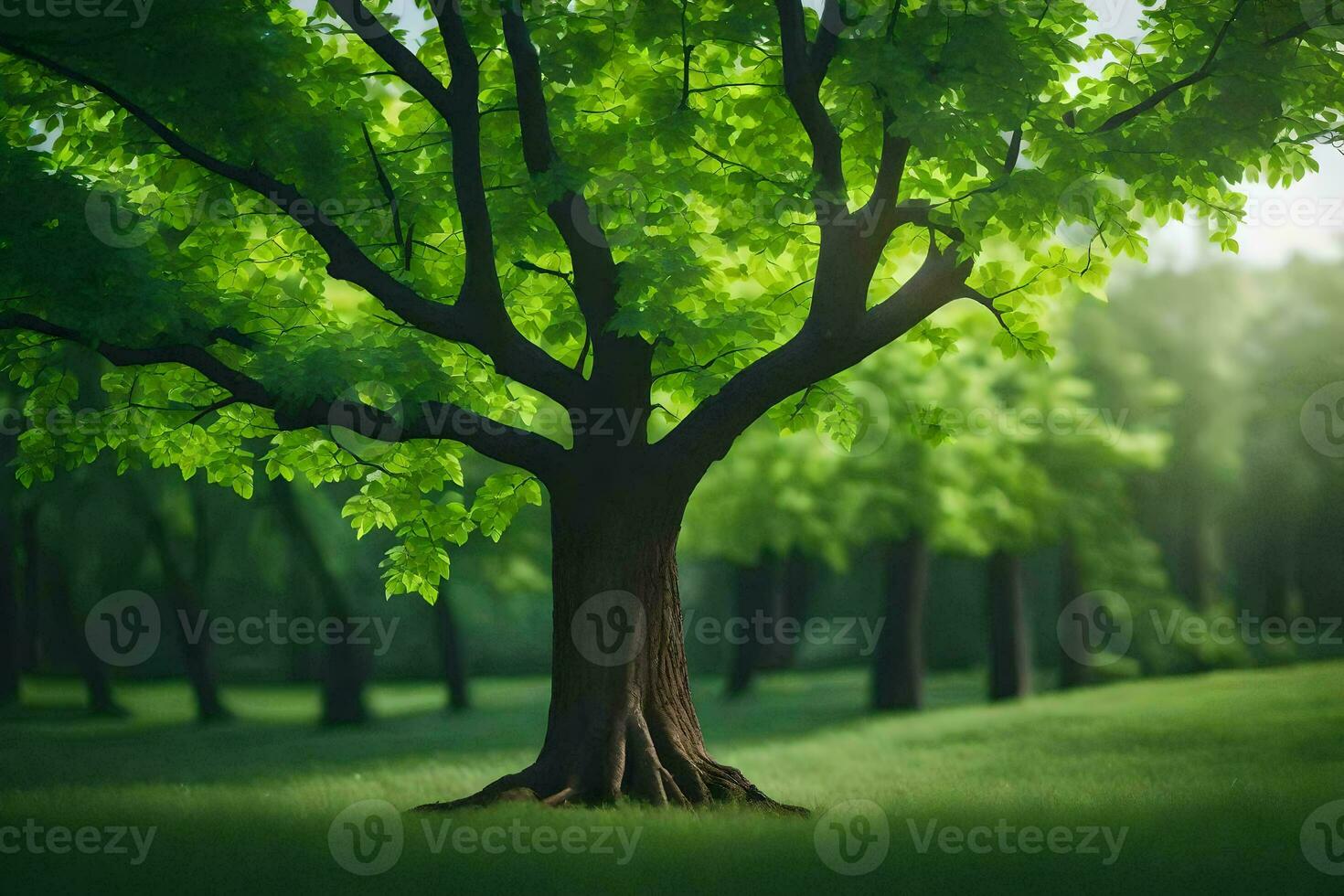 une arbre dans le milieu de une vert champ. généré par ai photo