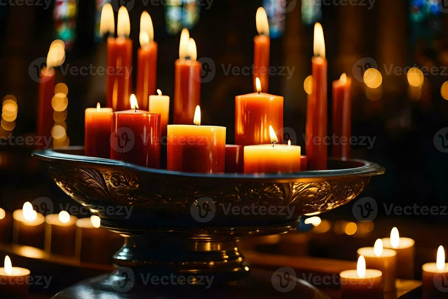 beaucoup bougies sont allumé dans une église. généré par ai photo