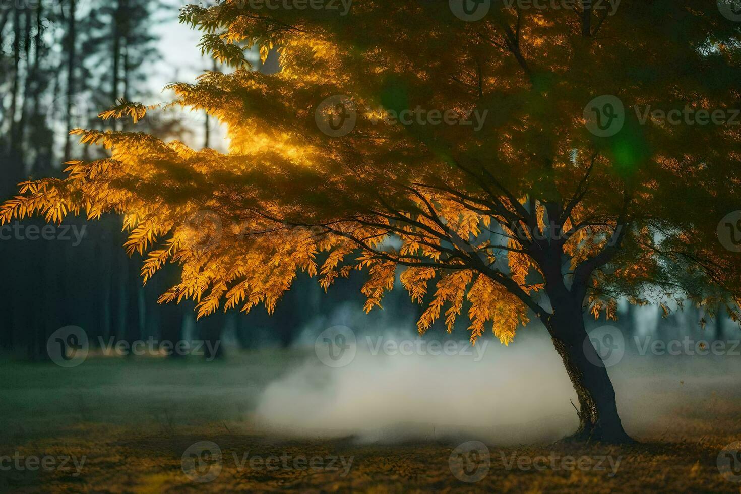 une arbre dans le milieu de une champ avec fumée à venir en dehors de il. généré par ai photo