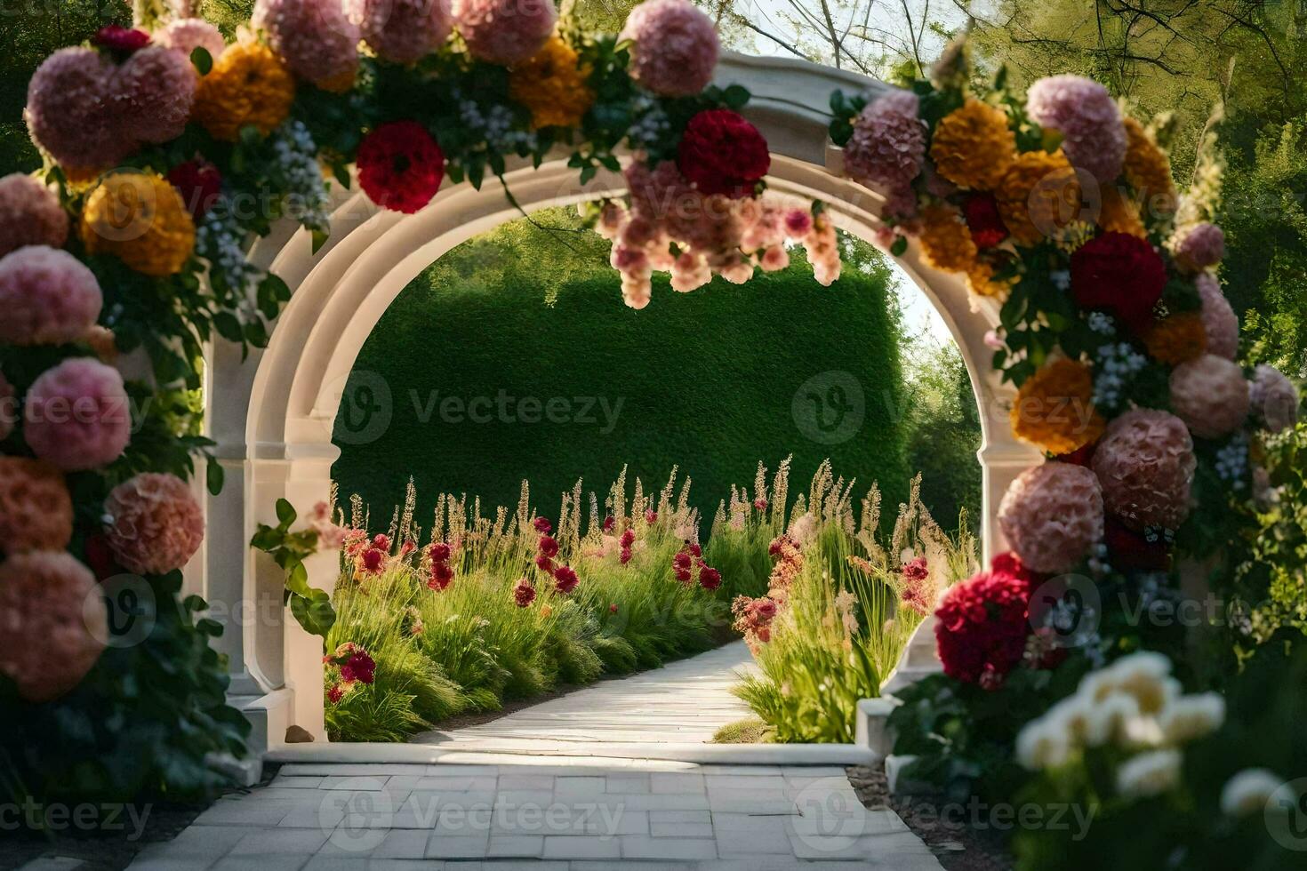 une passerelle avec fleurs et arcade. généré par ai photo