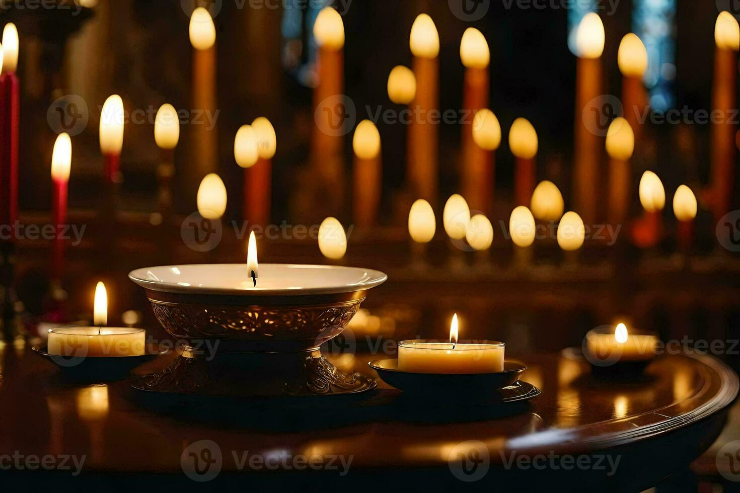 bougies sont allumé dans une église avec bougies. généré par ai photo