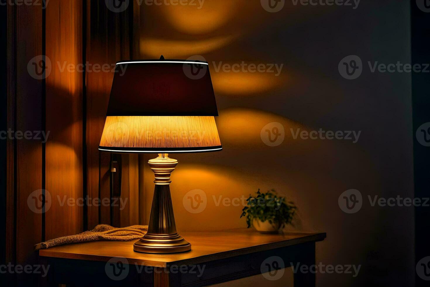 une lampe sur une table dans une foncé chambre. généré par ai photo