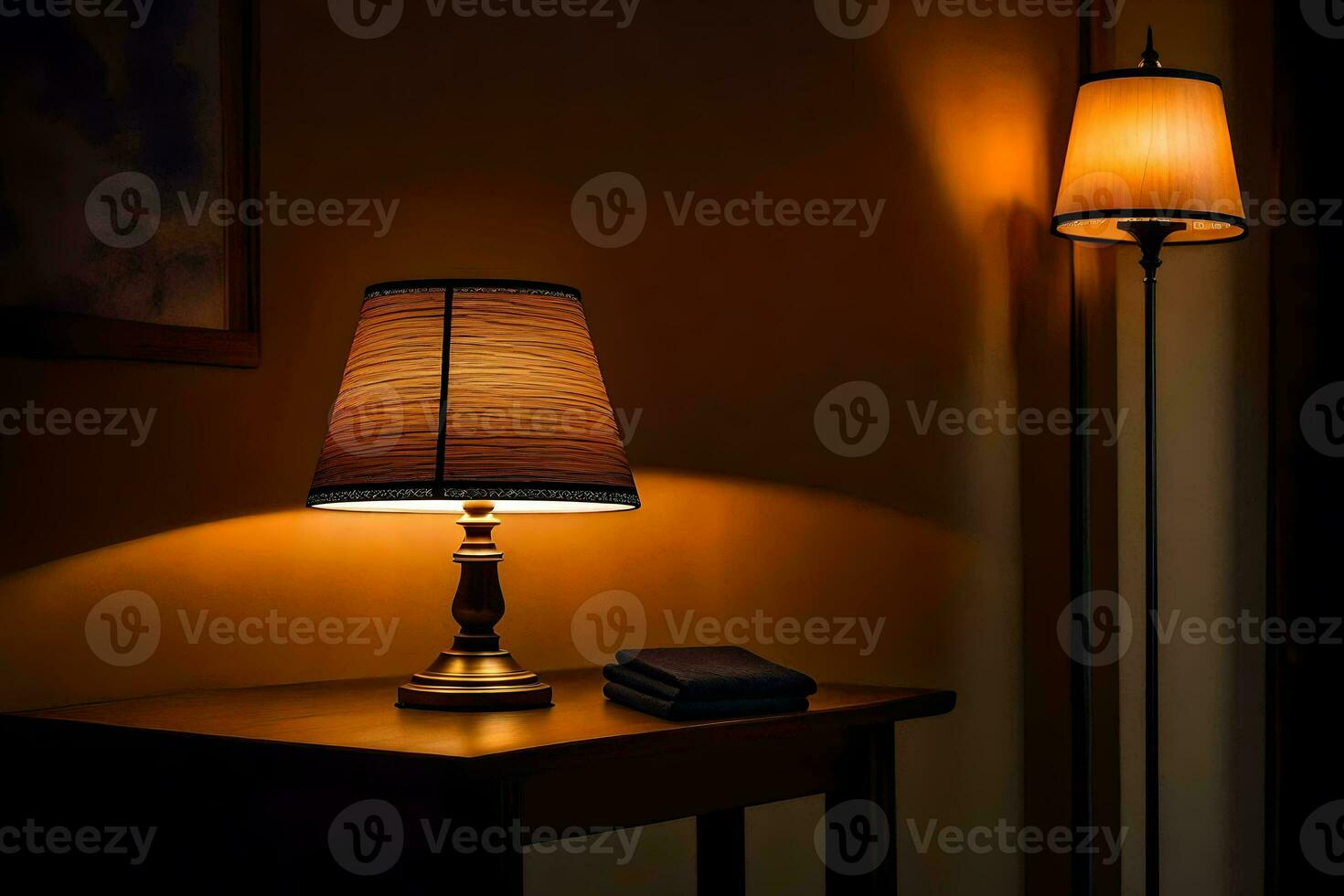 une lampe est sur une table dans une foncé chambre. généré par ai photo