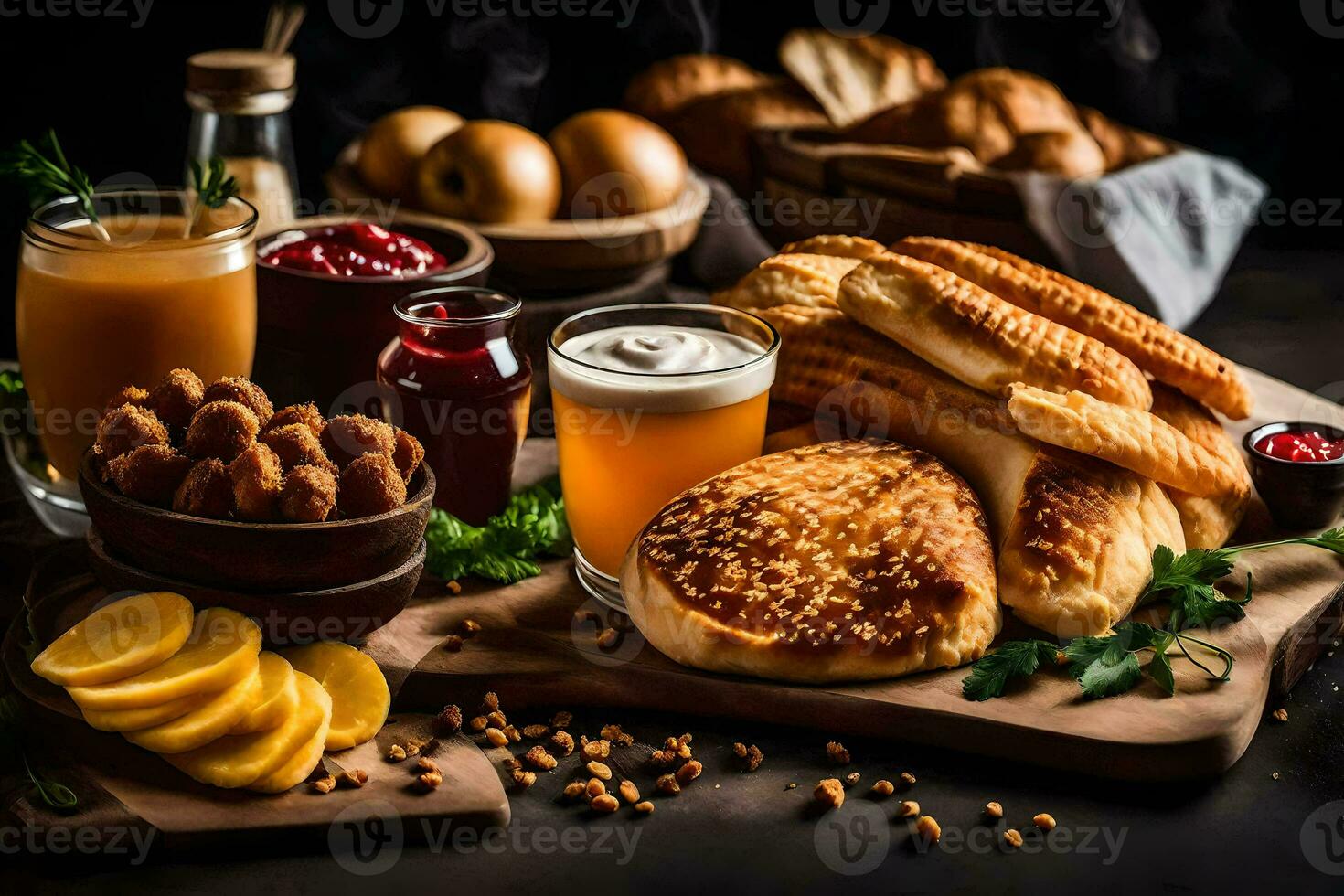 une table avec pain, pommes, et autre aliments. généré par ai photo