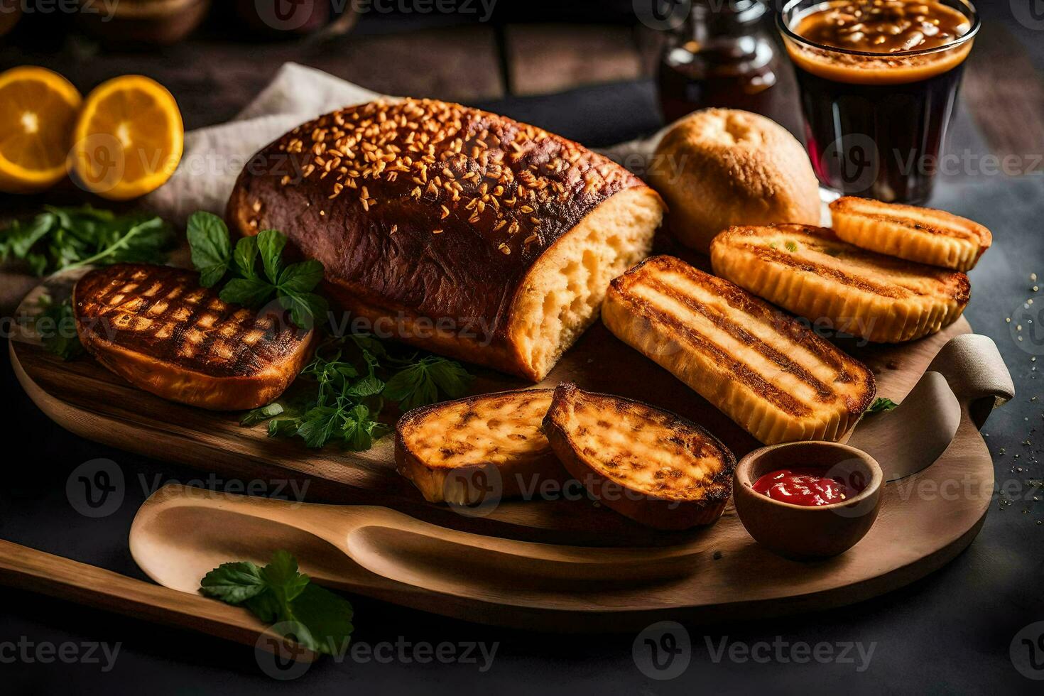 pain sur une en bois planche avec une verre de bière. généré par ai photo