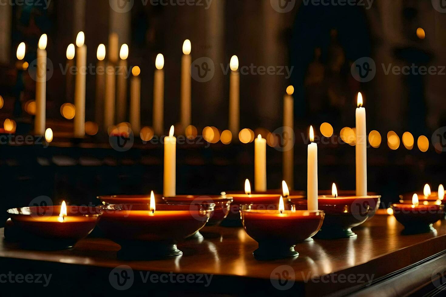 bougies sont allumé dans une église avec bougies. généré par ai photo