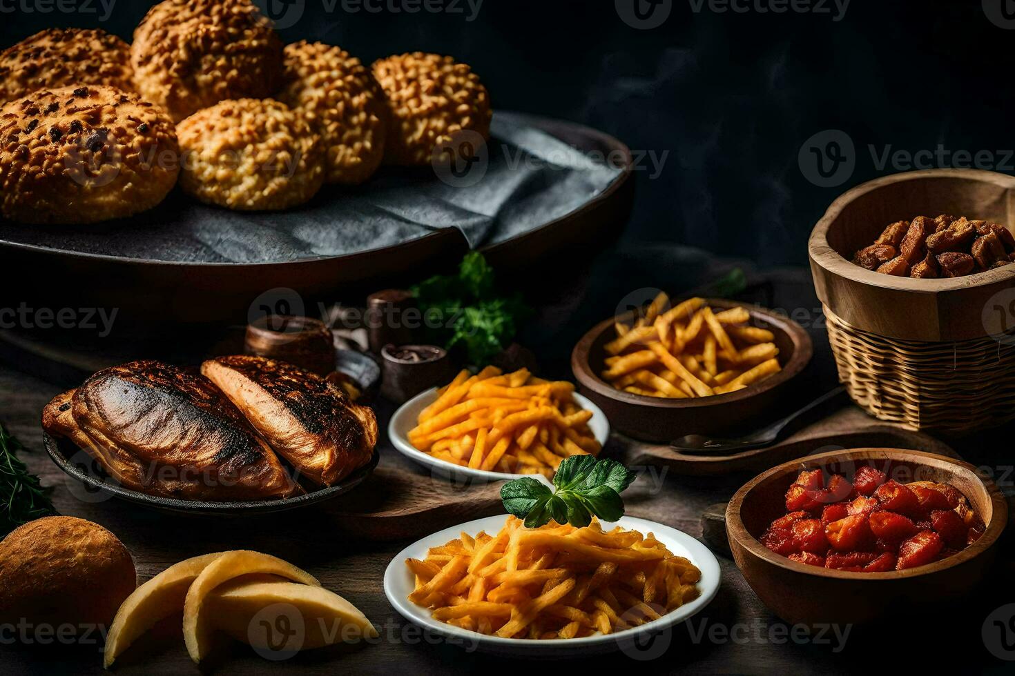 une table avec divers nourriture comprenant pain, fromage et Viande. généré par ai photo